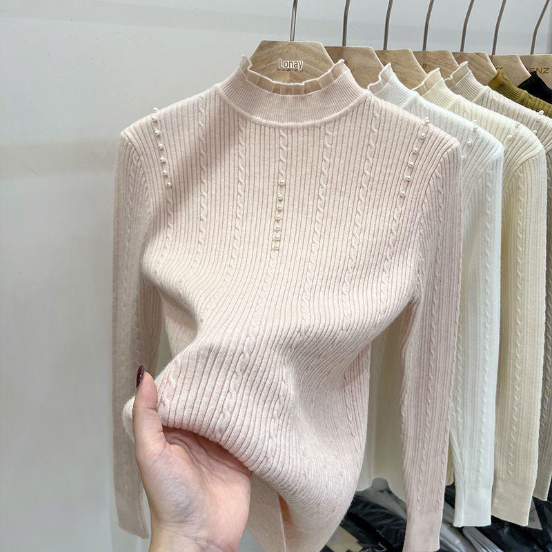 Lace Turtleneck Pearl Sweater: Long Sleeve Petite Knitwear for Autumn/Winter Women