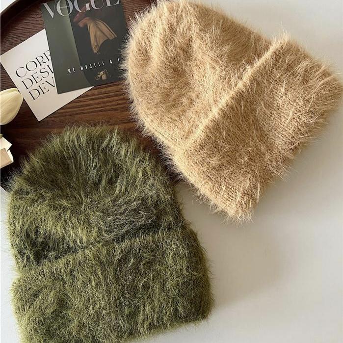 Women Winter Soft Faux Mink Fur Knitted Beanie, Japanese & Korean Style Warm Thick Cashmere-Like Rolled Edge Hat, Cozy Fluffy Purple Knit Cap