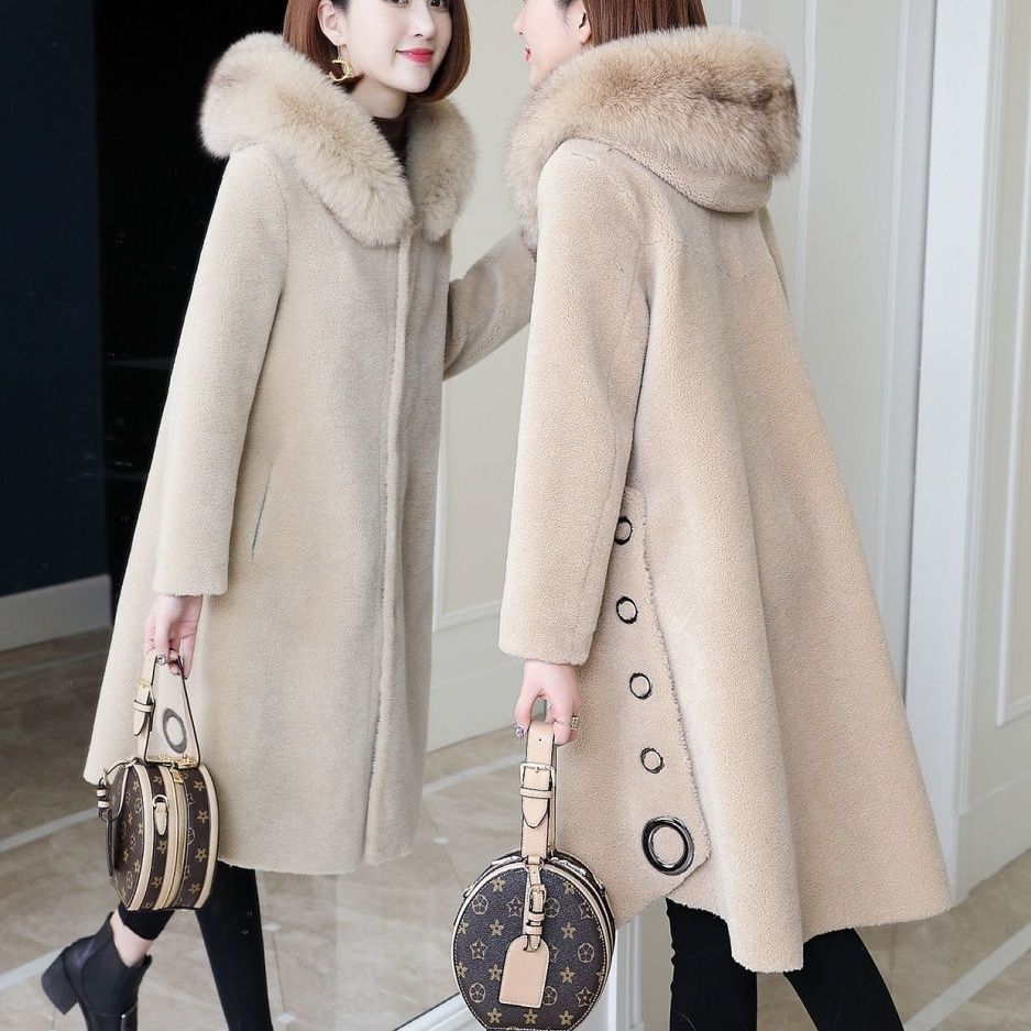 Granular Sheep Shearing Coat Women's Medium and Long Winter Imitation Fox Fur Hooded Integrated Imitation Fur Coat