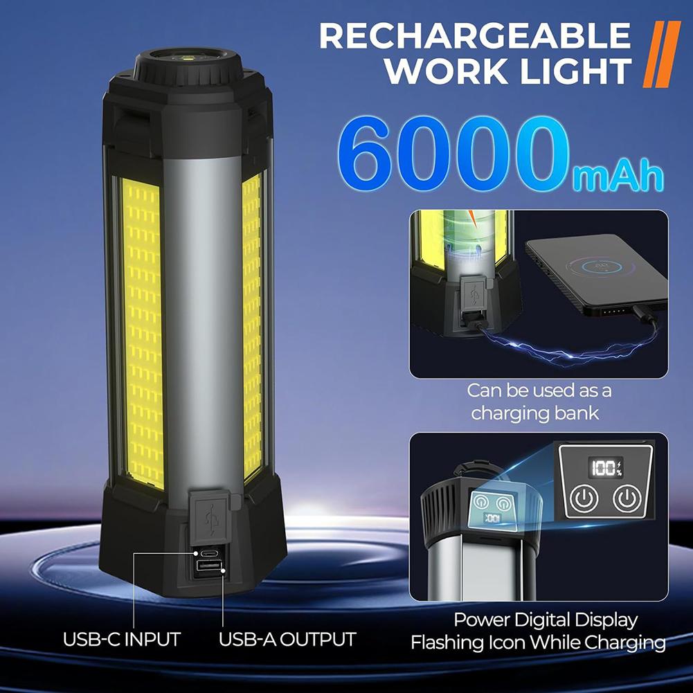 6000mAh LED Work Light Rechargeable Construction Light with COB Dimmable Work Light Telescopic for Outdoor Camping