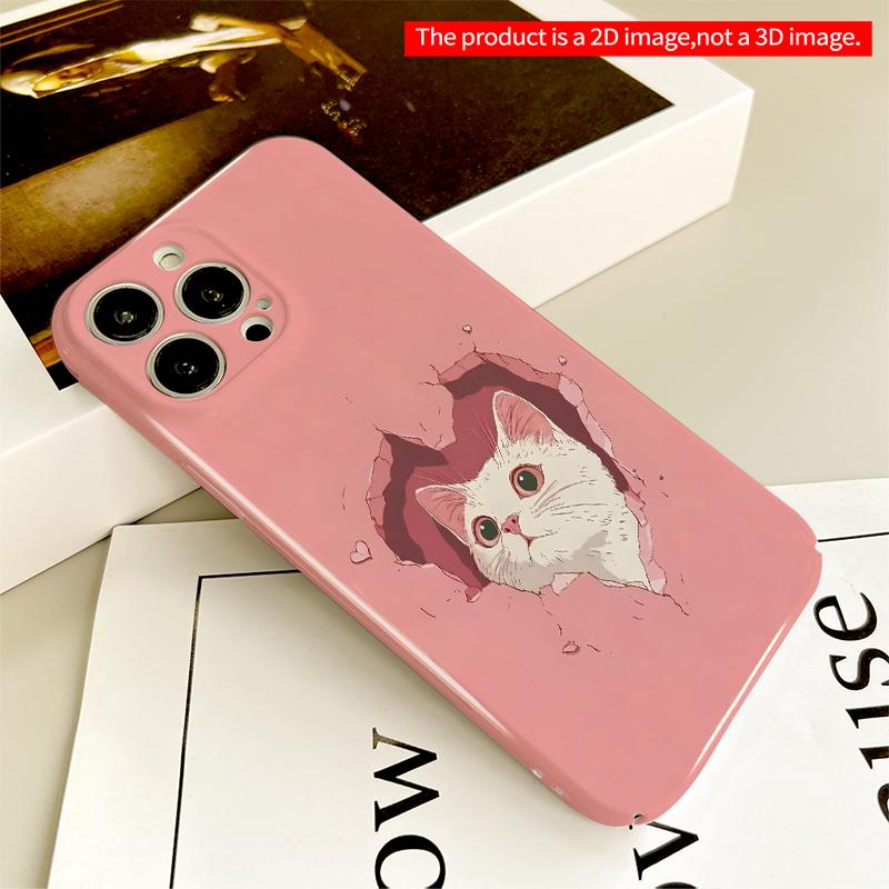 2DFlat White Cat Peeking Through Pink Heart Hole All inclusive film hard iPhone case, compatible with iPhone 18 Pro Max 17 16 15 14 13 12 11