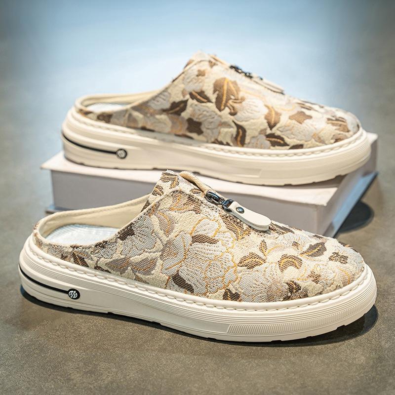 Trendy Canvas Half Slippers Mens  Summer New Comfortable Breathable Casual Shoes Fashionable One-Pedal Cloth Shoes Men