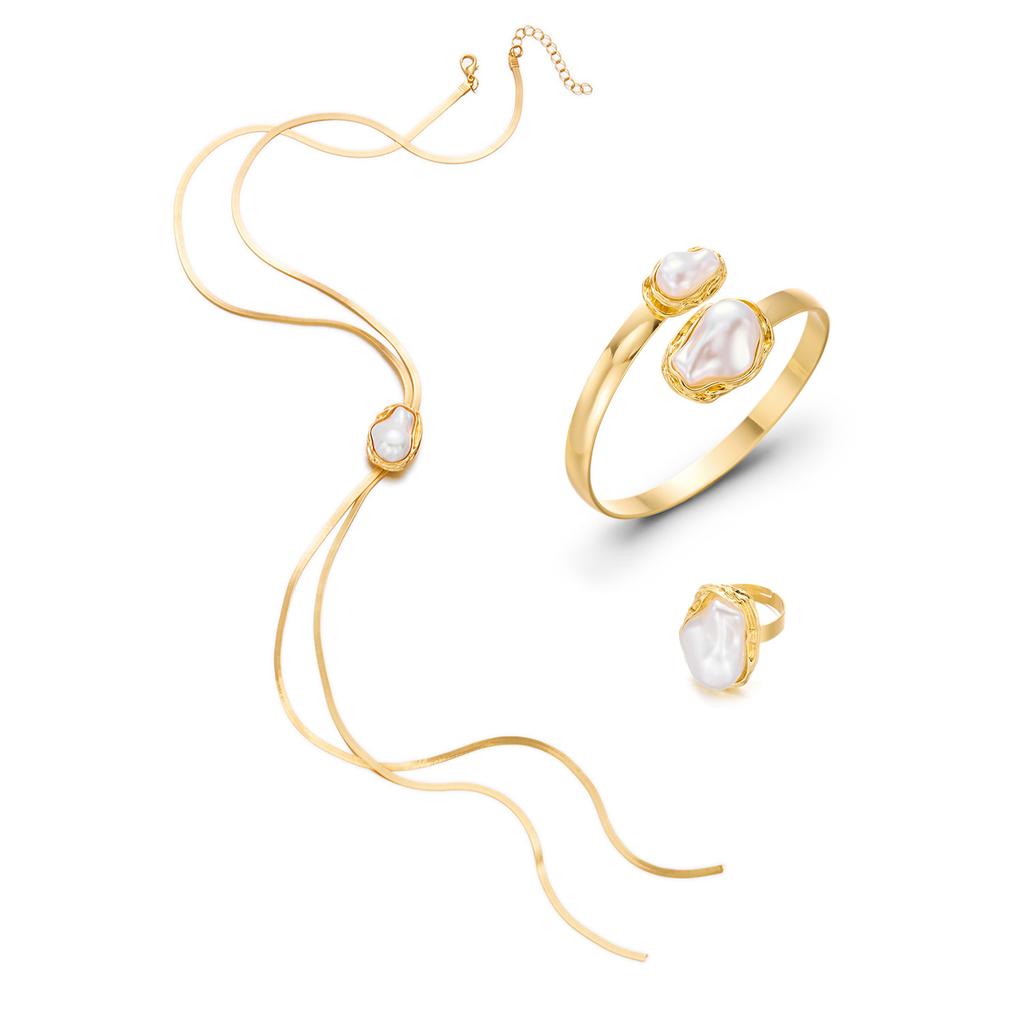 Set di Gioielli Esagerato in Oro Barocco con Perle Finte per Donna Collana a Catena Serpente Vintage Bracciale Rigido Aperto e Anello
