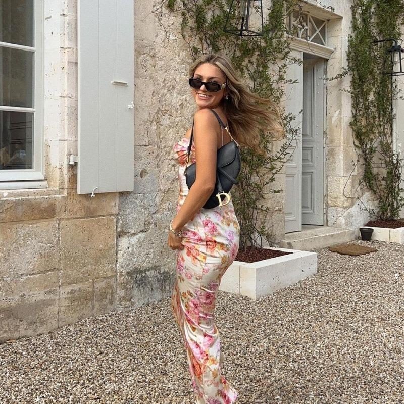 New Fashion Sleeveless Printed Sexy Backless Suspender Dress Slim Fit Elegant Bodycon Summer Party Long Dress Female Streetwear Casual Clothing