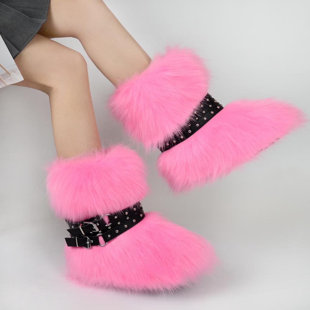 Women's Faux Fur Snow Boot Winter Warm Fluffy Furry Ankle Boots for Women Outdoor Fuzzy Mid-Calf Booties Plush Warm Snow Shoes for Outdoor Indoor