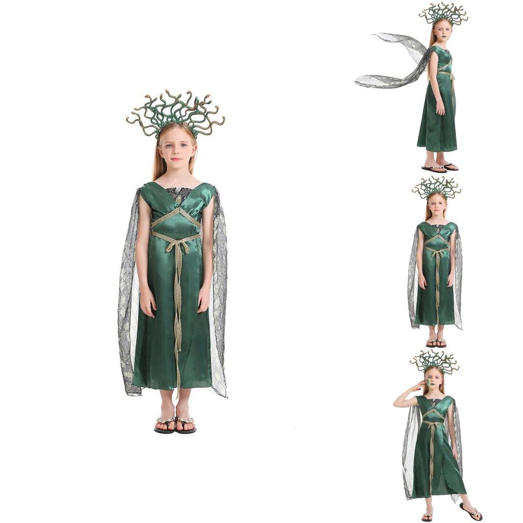 Fantasia de Halloween Encantadora de Medusa para Meninas com Saia Verde e Adereço de Cabeça