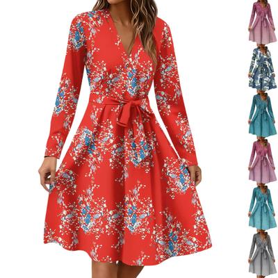Women's Fashion Casual V-Neck Long Sleeve Waist Floral Print Midi Dress