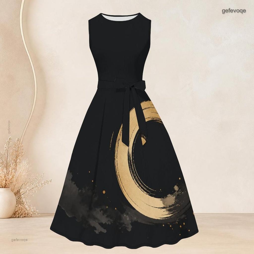Women Plus Size Star Printed Two Piece Set Sleeveless Round Neck Tie Waist Flared Dress 3 4 Sleeve Open Cardigan