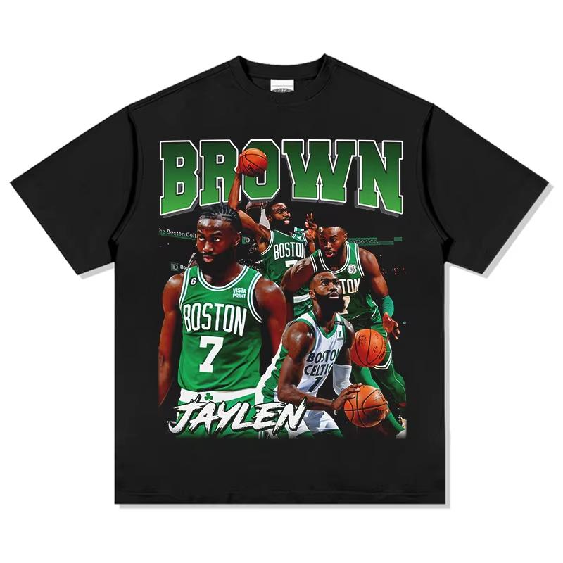 Koszulka bawełniana z nadrukiem vintage Boston Jaylen Brown z krótkim rękawem dla fana koszykówki, sportowy top treningowy na lato, męska i damska