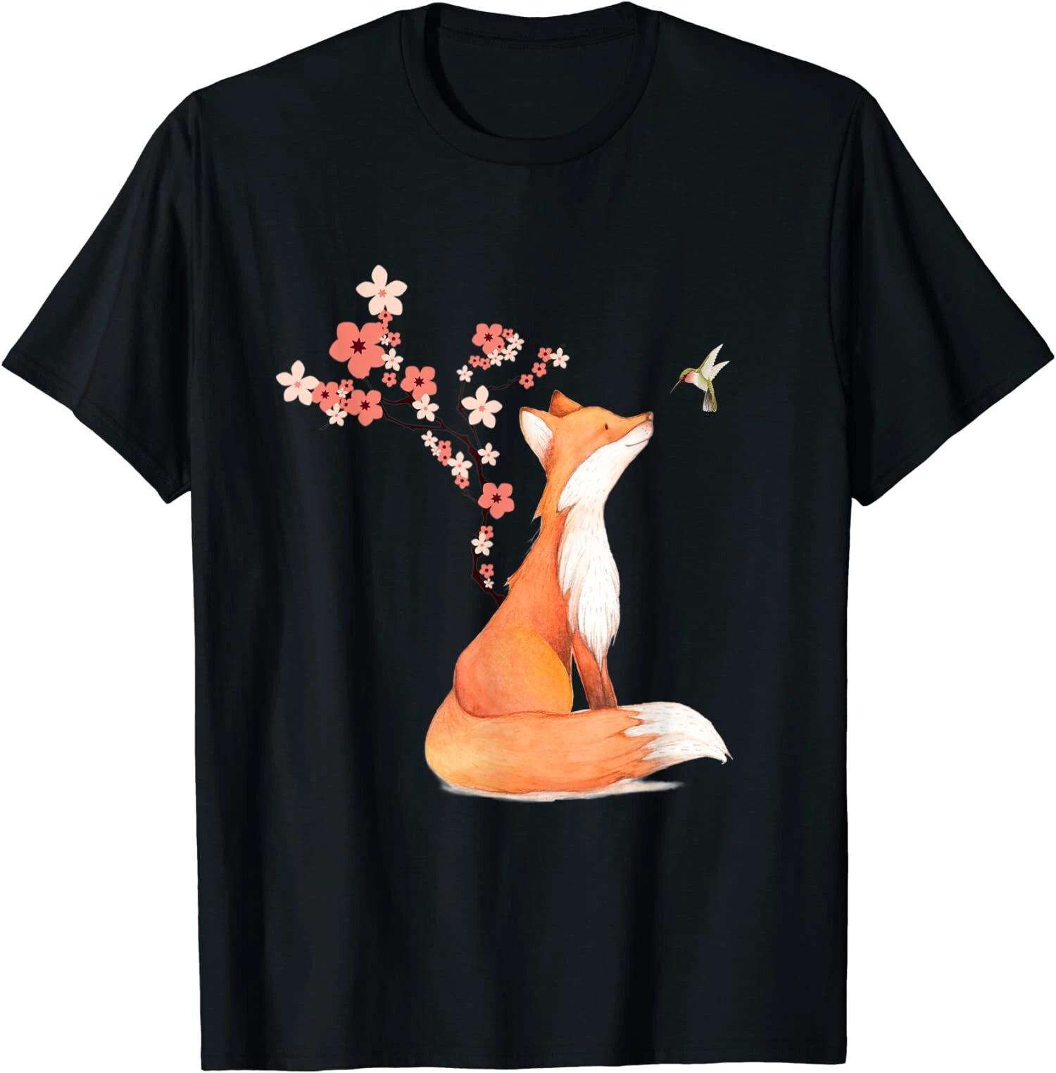 The Cute Fox And Hummingbird Cherry Blossom Flower T-Shirt XL