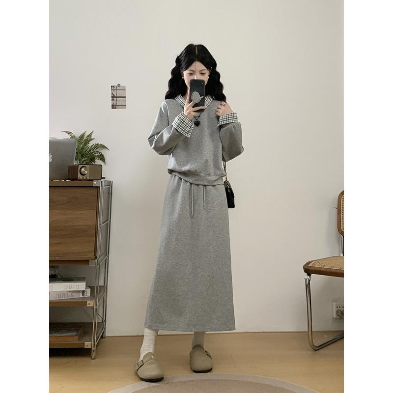 Spring 2026 Plus Size Women's Korean Casual Patchwork Hoodie & Skirt Set