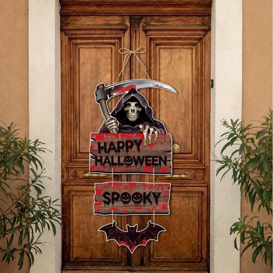 New Halloween Pumpkin Hanging Sign Spooky Witch Bat Pattern Trick Or Treat Banners Front Door Ornament Holiday Party Wall Decor