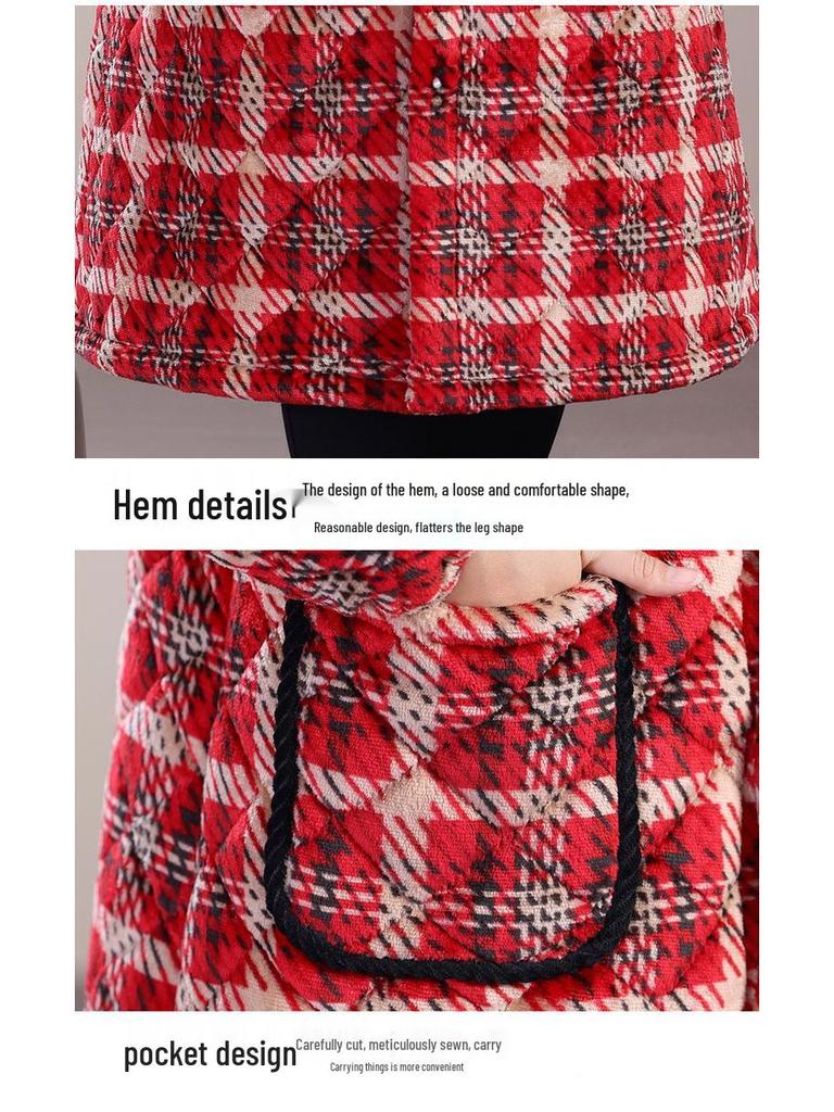 Women's Extra Long Flannel Hooded Jacket with Thick Fleece Padding for Winter Work and Home Wear