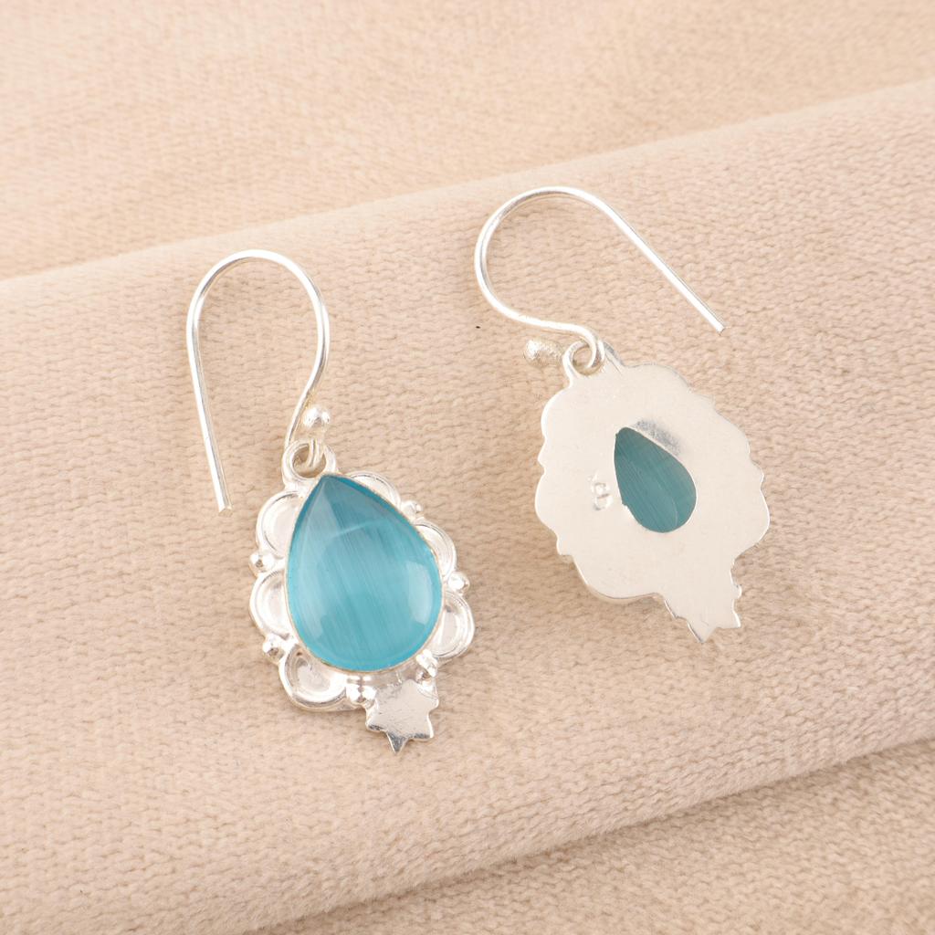 Blue Cat's Eye 925 Solid Sterling Silver Earrings, Handmade Gemstone Earrings Jewelry, Gifts For Wife Brand New Earrings