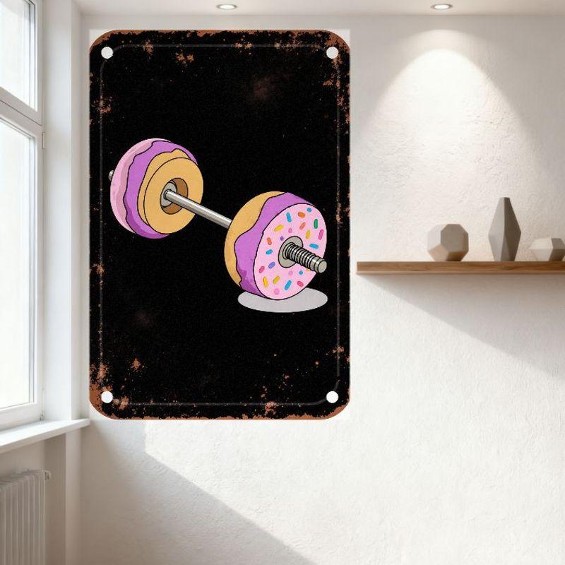 Vintage Rustic Barbell Donut Weights Metal Tin Sign Playful Fitness & Treats Art Decor for Home Cave Bar Club Restaurant Man Cav