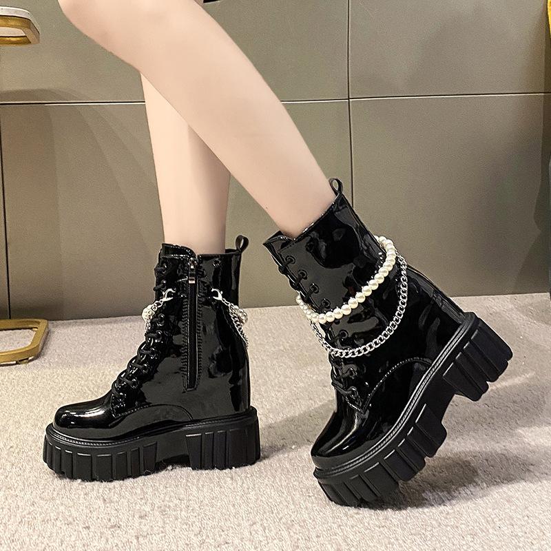 British style round head thick heel Martin boots side zipper platform locomotive boots ins pearl chain lace-up medium tube short boots women