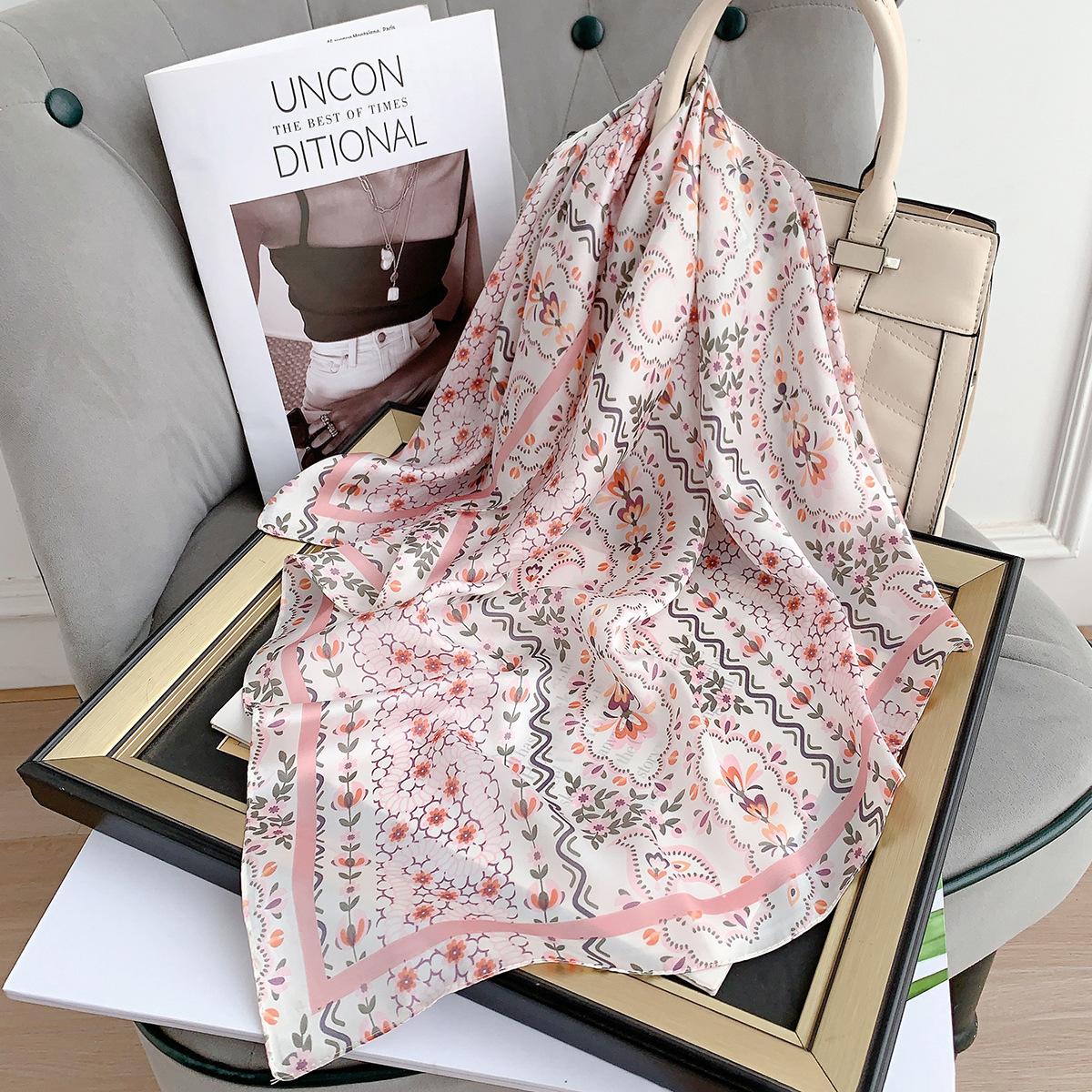 

Summer new printed silk scarf versatile small square scarf women s flower pattern tied bag headband decorative sunscreen scarf 70*70cm