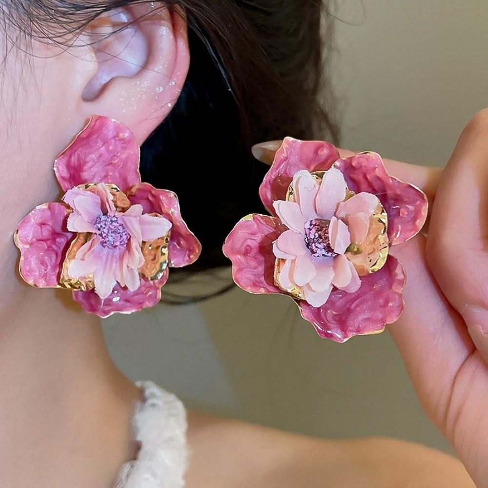 Oil Drip Colorful Flower Earrings Iron Cloth Personality Exaggerated Ear Pendant Elegant Korean Style Floral Ear Studs Party