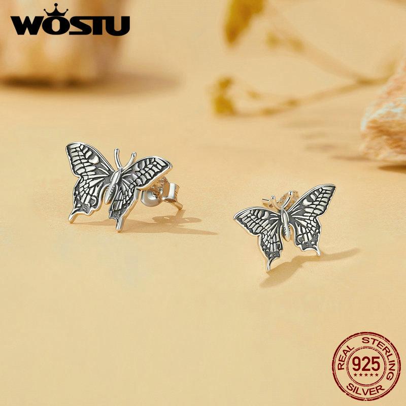 WOSTU 925 Sterling Sølv Vintage Sommerfugl Ørestikker Kvinner Retro Insest Kreative Kvinnelige Ørestikker Festgave Daglige Smykker