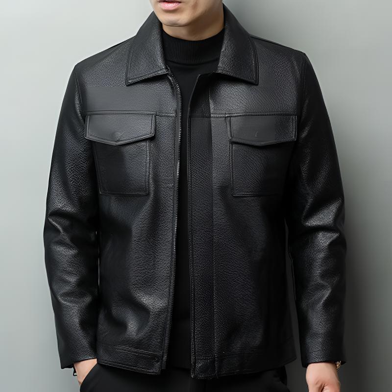Lightweight Spring Autumn Cowhide Jacket with Leather Patternmulti-pocket Leather Jacket Fashionable Jacket for Middle Aged Men