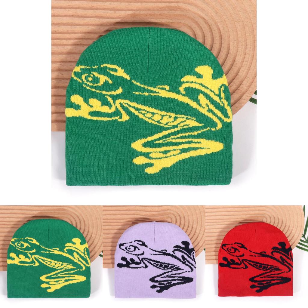 Autumn Winter Acrylic Beanie Hat With Frog Design For Casual Street Style