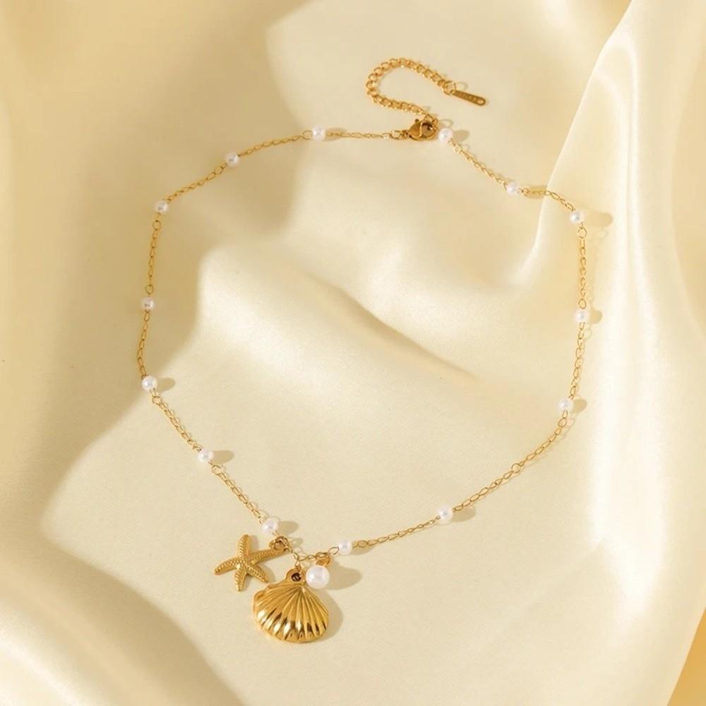 Pearl Accent Shell Necklace Gold Color Drop Earrings Stylish Women Jewelry Beach Wear