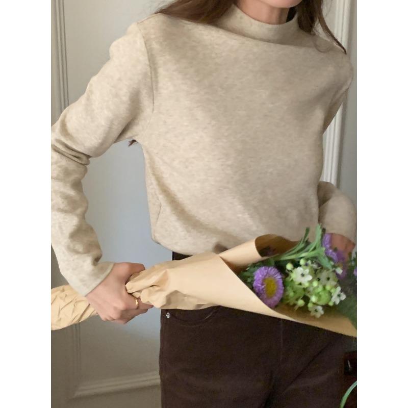 Temperament Soft Waxy Semi-turtleneck Sweater Bottoming Shirt Women's Autumn and Winter Velvet Thickened Solid Color Knitted Top with Inside