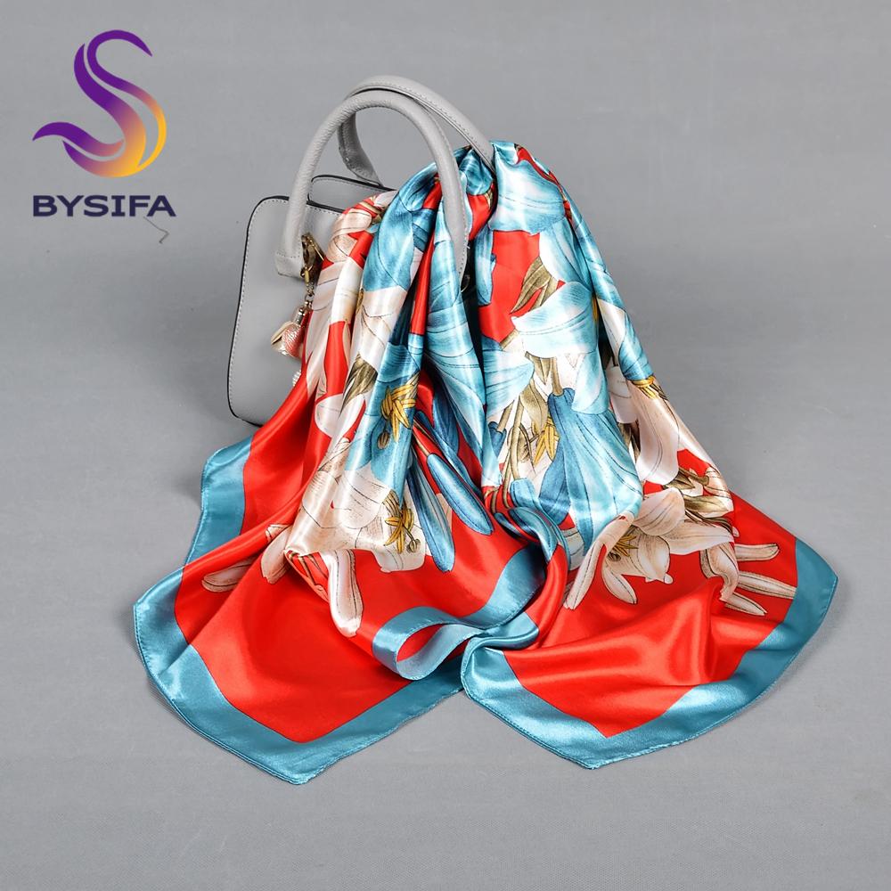 BYSIFA| Blue Floral Silk Scarf Hijab Ladies Fashion Sweet Square Spring Summer Scarves Fouldard Fall Winter Square Satin Scarves