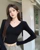 Black Spicy Girl V-neck Long Sleeve Shoulder Pad Top - Slim Fit Summer Innerwear