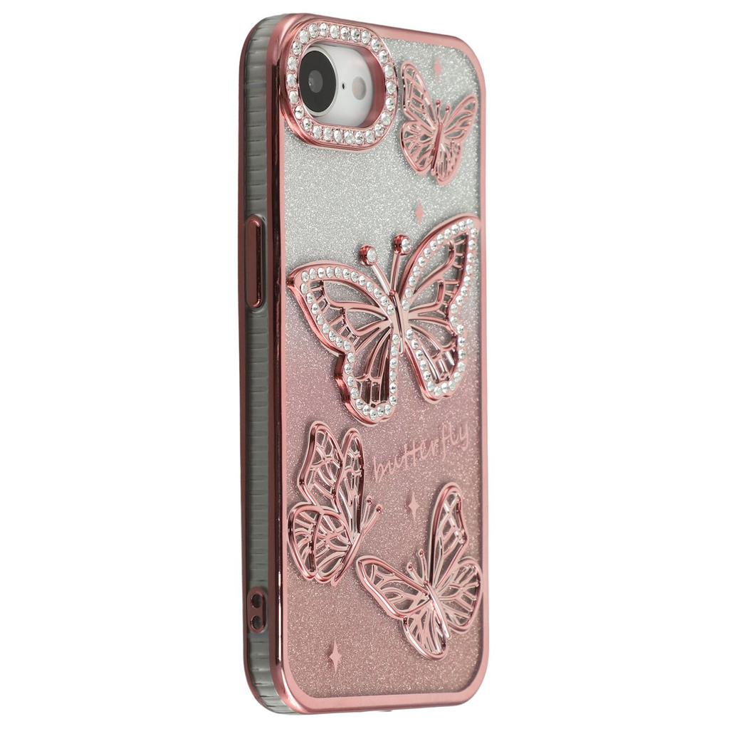 For iPhone 16e Case Rhinestones Decor 3D Butterfly TPU Phone Cover with Glitter Paper
