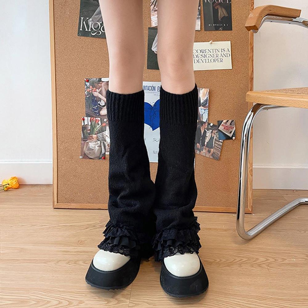 Japanese JK Lace Flare Leg Warmers Lolita Boot Socks Loose Knitted Long Socks  for Women & Girls