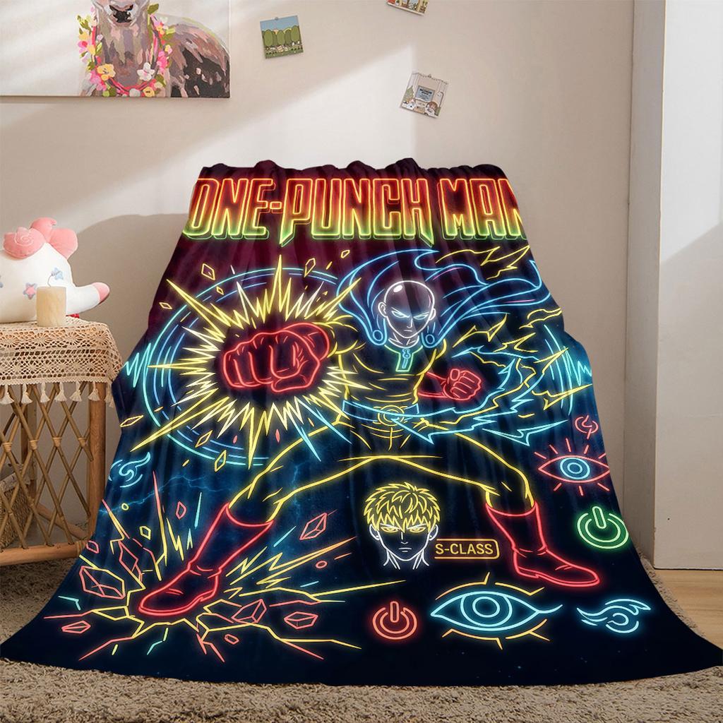 One Punch Man Trendy 2D Print Flannel Blanket, Cartoon Theme for Home Decor, All-season Bed Travel Blanket_LIAN