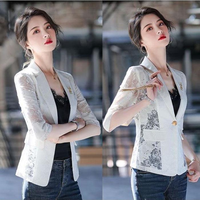 Terno de renda estampado emagrecimento versão coreana primavera e verão moda feminina estilo fino terno casaco protetor solar feminino