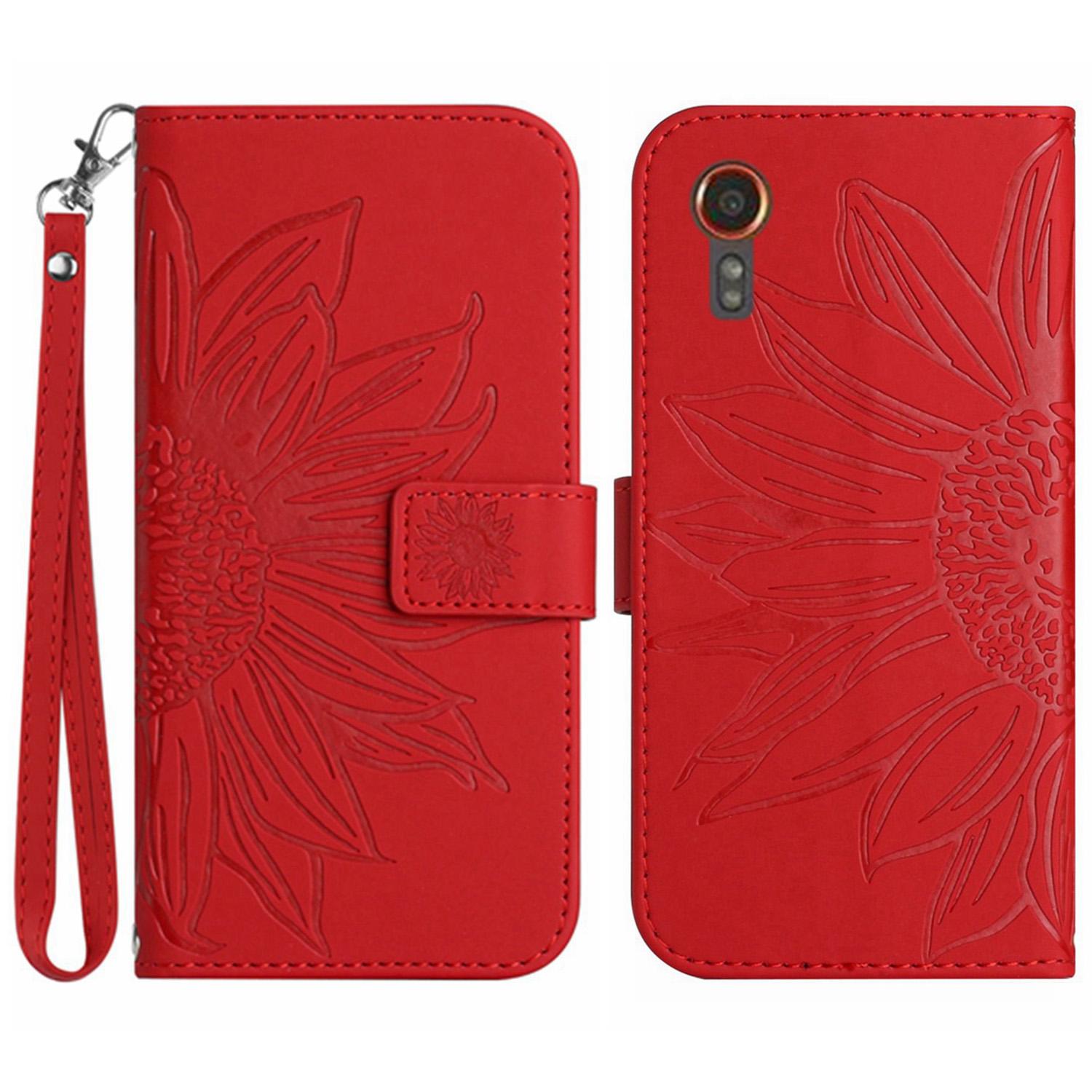 

HT04 Кожаный чехол-кошелек для телефона Samsung Galaxy Xcover7 с ремешком на руку, с рисунком подсолнуха Red