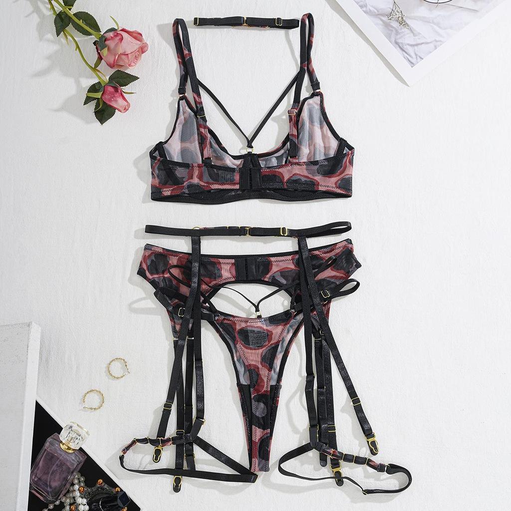 Sexy Women's Bra Set Leopard Print Ultra-Thin Lingerie Set Bra & Panty Garter Belt Set