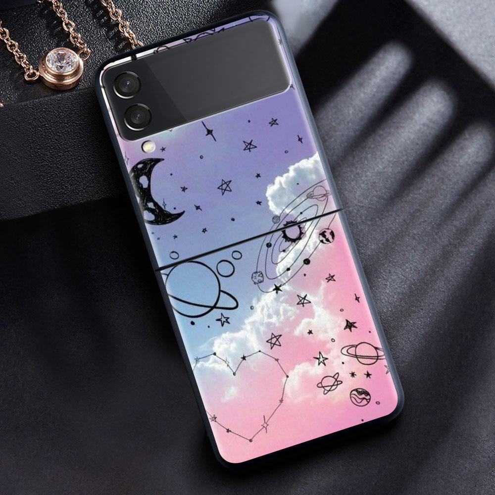 Case For Samsung Galaxy Z Flip 3 4 5G Black Hard PC Phone Housing Z Flip4 Luxury Segmented Cover Cosmic Planet