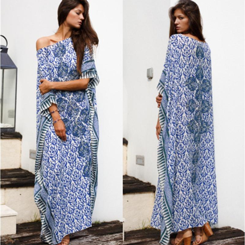 

Women s Fashion Summer Spring Flower Pattern Print 1/2 Sleeves Oblique Collar Loose Waistline Casual Dresses Size: One Size