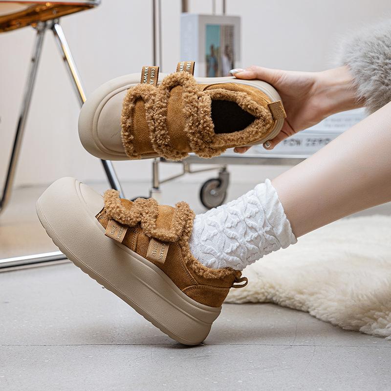 Fleece warm casual shoes autumn and winter new wear leather thick-soled Velcro large cotton board shoes
