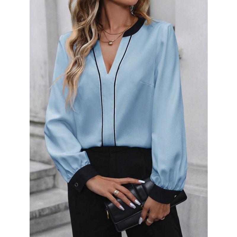 Womens V Neck Long Sleeve Contrast Color Blouse