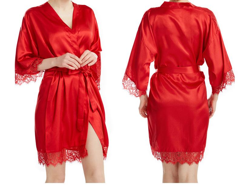 Sexy lace trim pure color home sleeping robe bathrobe women's pajamas