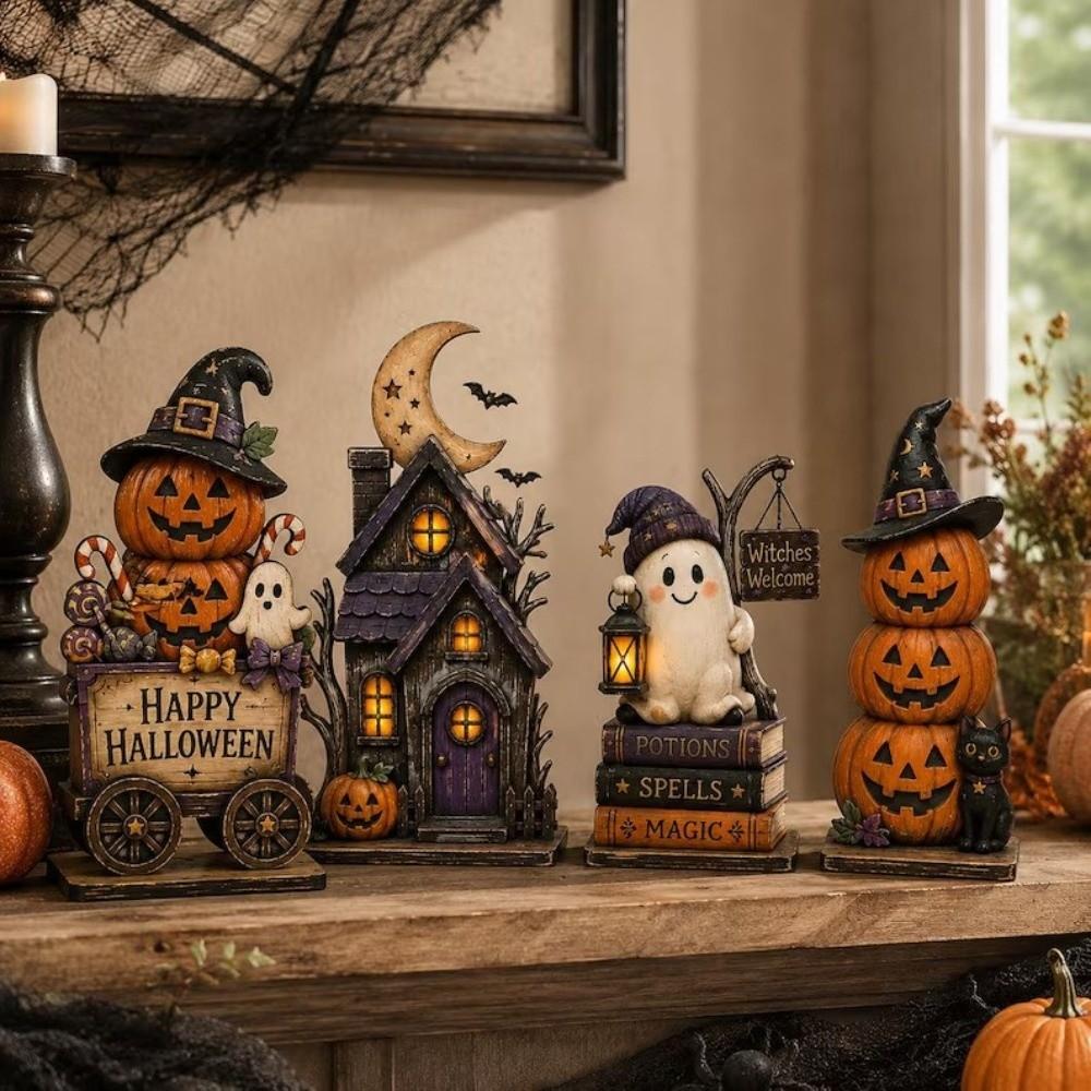 Spooky Wood Haunted House Statue Vintage Stacked Pumpkin Cart Ornament Shelf Decor