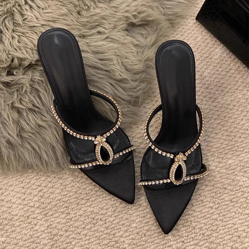 Fashion Luxury Rhinestones Gem Women Slippers Sandals Elegant Pointed toe Stiletto High heels Mules Slides Fashion Summer Party Shoes