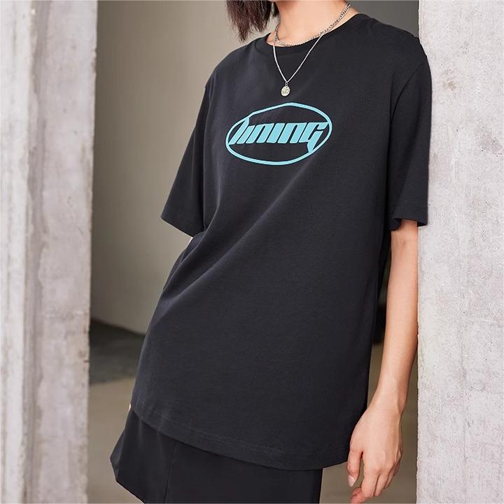 Li-Ning Round Neck Letter Print Loose Casual Short Sleeve T-Shirt Unisex Tops Black AHSSA33-2