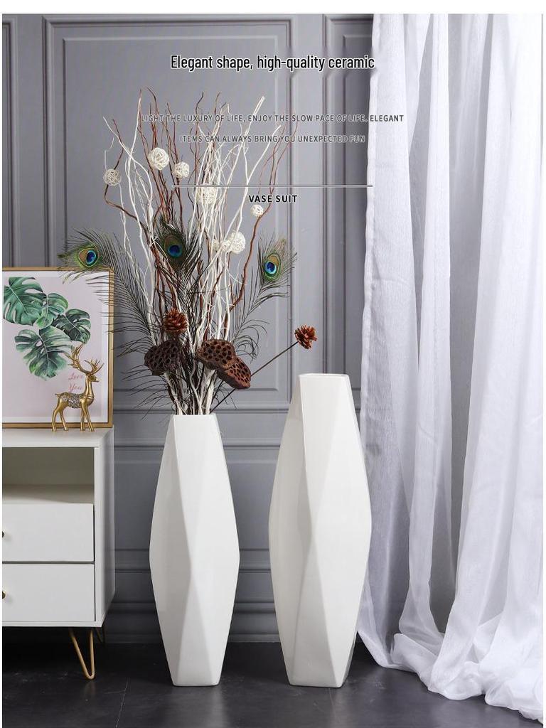 Nordic Minimalist Ceramic White Floor Vase for Dried Flowers and Lucky Bamboo, Living Room Decor