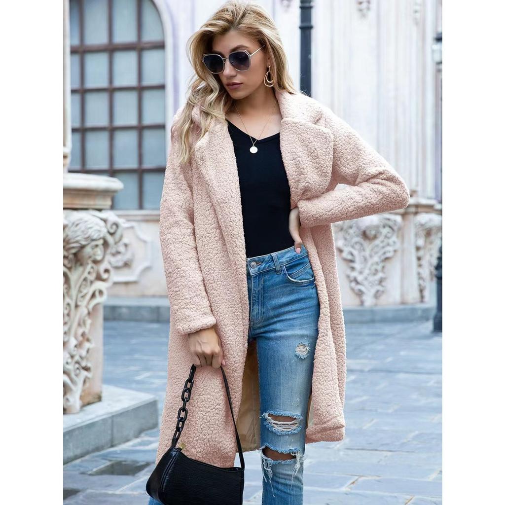 Ladies', Medium Length, Lapel, Woolen Jacket, Long Sleeved, Solid Color, Loose Fit, Casual Jacket