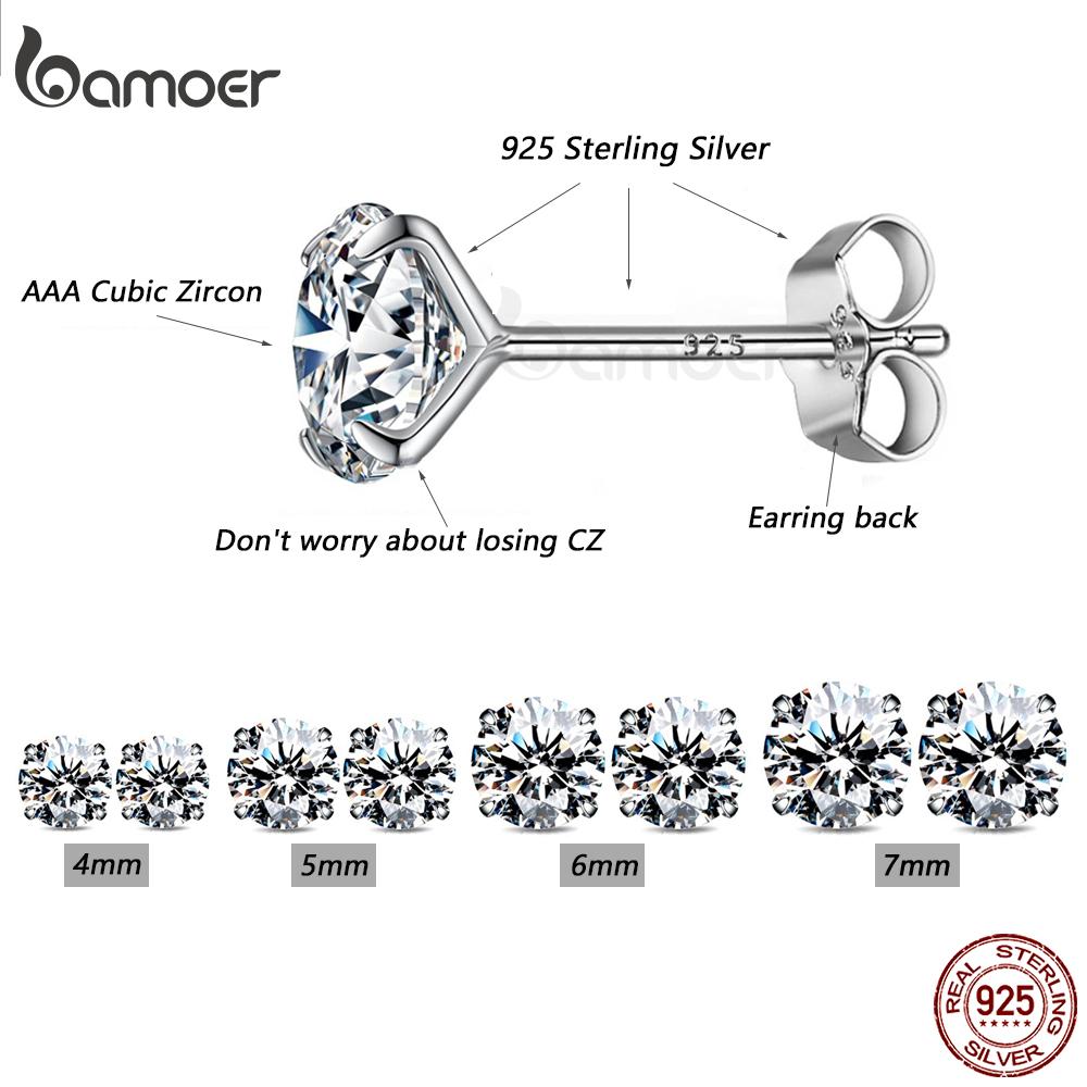 Bamoer CZ Stud Earrings 925 Silver Platinum Plated Round Cubic Zirconia Hypoallergenic Barbell Earrings 4-7mm