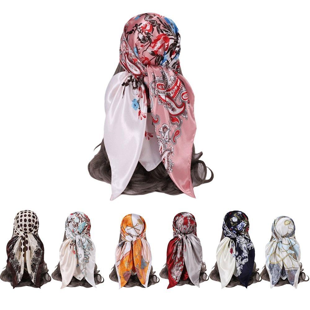 Silk Imitation Head Scarf 90x90cm Silk Scarves Trendy Hair Scarf Headband  for Women