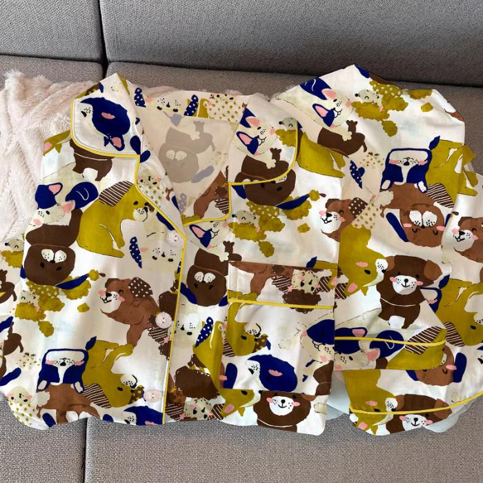 

Корейская женская пижама с принтом милой собаки из мультфильма, осень/зима, новый молочный шелк, пижама с длинными рукавами, комплект из 2 предметов для дома XXL