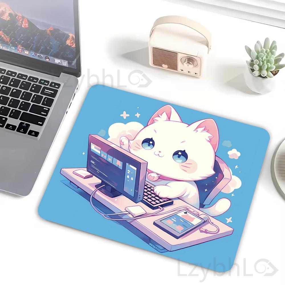 Cute Cat Illustration Mouse Pad Small Gamer Office Table Mats Computer Accessories Washable Non-slip Rubber Lock Edge Mousepad