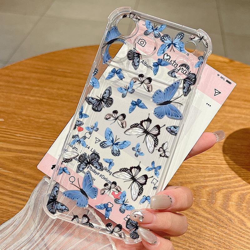 Card Slot Pocket Phone Case For iPhone Air 17 16 15 Pro Max 14 13 17 Pro 12 11 16e Shockproof Colorful Butterfly Clear TPU Cover